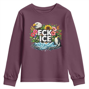 Fck Ice Youth Sweatshirt Retro Floral FDT Protest Satirical Graphic TS10 Maroon Print Your Wear