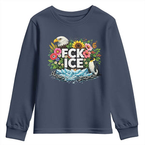 Fck Ice Youth Sweatshirt Retro Floral FDT Protest Satirical Graphic TS10 Navy Print Your Wear