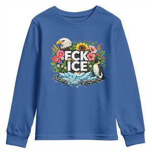 Fck Ice Youth Sweatshirt Retro Floral FDT Protest Satirical Graphic TS10 Royal Blue Print Your Wear