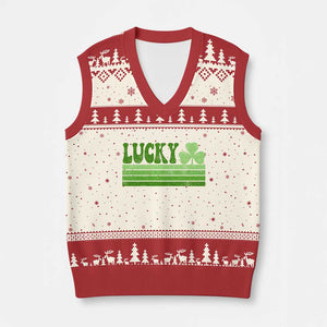 Retro Lucky V-Neck Knit Sweater Vest St Patricks Day Irish Shamrock TS10 Beige Red Print Your Wear