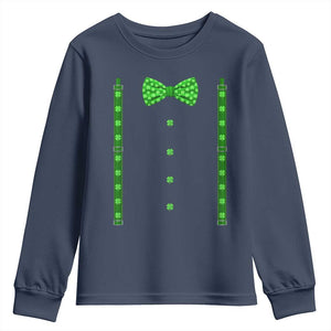 Bow Tie Suspenders St Patricks Day Costume Youth Sweatshirt Funny Irish Shamrock Clovers TS10 Navy Print Your Wear