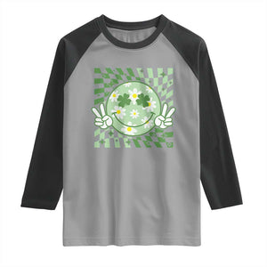 Retro Groovy Shamrock Smile Face St Patricks Day Raglan Shirt TS10 Sport Gray Black Print Your Wear