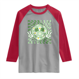 Retro Groovy Shamrock Smile Face St Patricks Day Raglan Shirt TS10 Sport Gray Red Print Your Wear