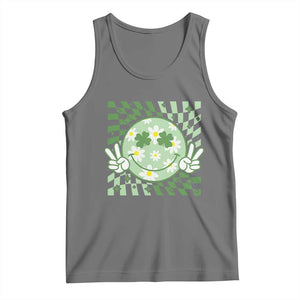 Retro Groovy Shamrock Smile Face St Patricks Day Tank Top TS10 Black Heather Print Your Wear