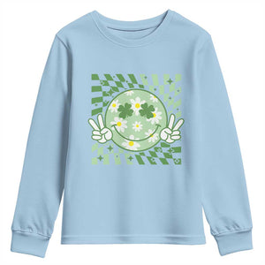 Retro Groovy Shamrock Smile Face St Patricks Day Youth Sweatshirt TS10 Light Blue Print Your Wear