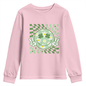 Retro Groovy Shamrock Smile Face St Patricks Day Youth Sweatshirt TS10 Light Pink Print Your Wear