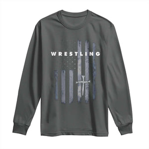 Christian Wrestling Long Sleeve Shirt Wrestler Faith Strength US USA Flag Christ Cross TS10 Dark Heather Print Your Wear