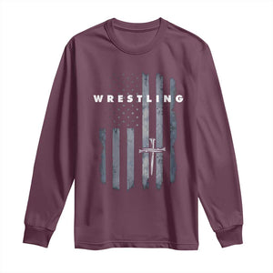 Christian Wrestling Long Sleeve Shirt Wrestler Faith Strength US USA Flag Christ Cross TS10 Maroon Print Your Wear