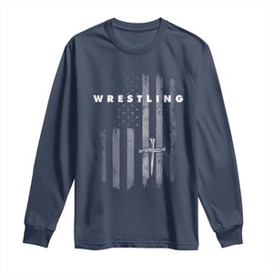 Christian Wrestling Long Sleeve Shirt Wrestler Faith Strength US USA Flag Christ Cross TS10 Navy Print Your Wear