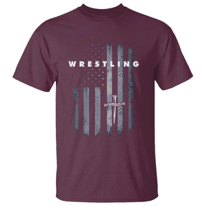 Christian Wrestling T Shirt Wrestler Faith Strength US USA Flag Christ Cross TS10 Maroon Print Your Wear