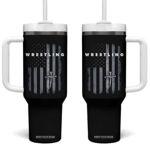 Christian Wrestling Tumbler With Handle Wrestler Faith Strength US USA Flag Christ Cross TS10 One Size: 40 oz Black Print Your Wear