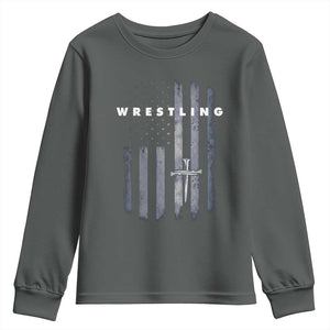 Christian Wrestling Youth Sweatshirt Wrestler Faith Strength US USA Flag Christ Cross TS10 Dark Heather Print Your Wear