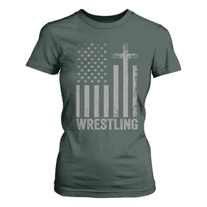 Faith Wrestling T Shirt For Women Christian Wrestler American Flag Cross TS10 Dark Forest Green Print Your Wear