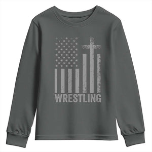 Faith Wrestling Youth Sweatshirt Christian Wrestler American Flag Cross TS10 Dark Heather Print Your Wear