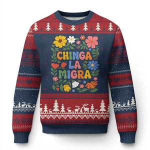 Chinga La Migra Ugly Christmas Sweater Funny Boho Floral Resist Retro Pro Immigration TS10 Navy Red Print Your Wear