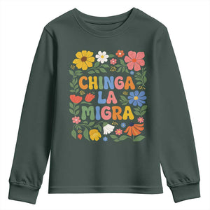 Chinga La Migra Youth Sweatshirt Funny Boho Floral Resist Retro Pro Immigration TS10 Dark Forest Green Print Your Wear