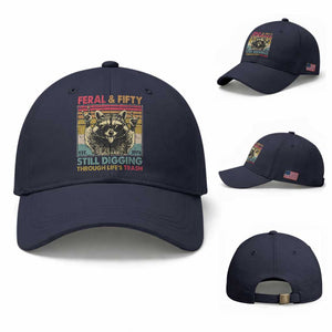 Funny 50th Birthday Baseball Cap Retro Racoon Feral And Fifty TS10 Baseball Cap Universal Fit Navy Print Your Wear