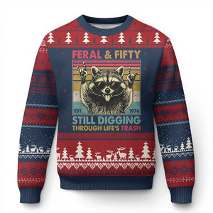 Funny 50th Birthday Ugly Christmas Sweater Retro Racoon Feral And Fifty TS10 Navy Red Print Your Wear
