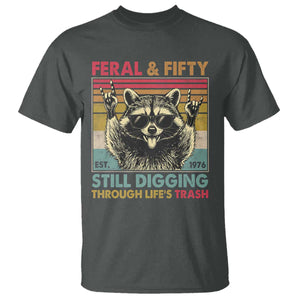 Funny 50th Birthday T Shirt Retro Racoon Feral And Fifty TS10 Dark Heather Print Your Wear