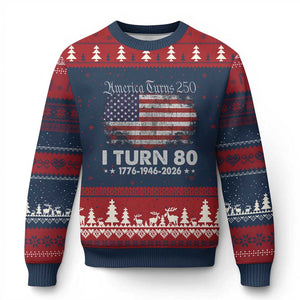 America Turns 250 I Turn 80 Ugly Christmas Sweater Vintage 1946 80th Birthday 250th Anniversary USA 80 Year Old Gift