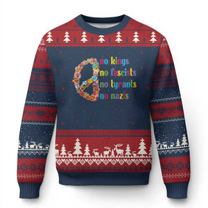 No Kings No Fascists Ugly Christmas Sweater Floral Peace Sign Social Justice TS10 Navy Red Print Your Wear