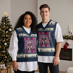 Cute But Feral Raccoon V-Neck Knit Sweater Vest Funny Sunglasses Trash Panda TS10 Navy Beige Print Your Wear