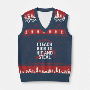 Baseball Coach V-Neck Knit Sweater Vest I Teach Kids To Hit And Steal TS10 Navy Red Print Your Wear