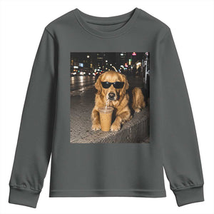 Funny Golden Retriever Iced Coffee Youth Sweatshirt Grunge Silly Meme Graphic Funny Dog Lover