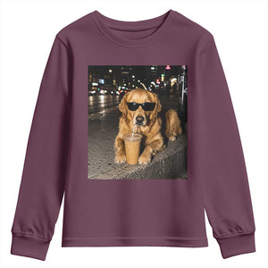 Funny Golden Retriever Iced Coffee Youth Sweatshirt Grunge Silly Meme Graphic Funny Dog Lover