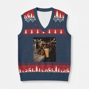 Dachshund Iced Coffee V-Neck Knit Sweater Vest Grunge Meme Graphic Funny Weiner Dog Lovers Dad