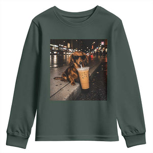 Dachshund Iced Coffee Youth Sweatshirt Grunge Meme Graphic Funny Weiner Dog Lovers Dad