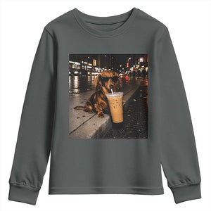 Dachshund Iced Coffee Youth Sweatshirt Grunge Meme Graphic Funny Weiner Dog Lovers Dad