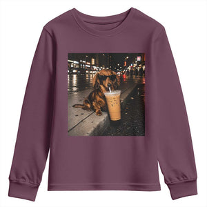 Dachshund Iced Coffee Youth Sweatshirt Grunge Meme Graphic Funny Weiner Dog Lovers Dad