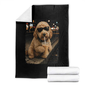 Goldendoodle Drinking Iced Coffee Throw Blanket Grunge Graphic Funny Dog Lover