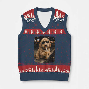 Goldendoodle Drinking Iced Coffee V-Neck Knit Sweater Vest Grunge Graphic Funny Dog Lover