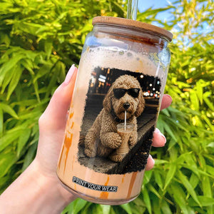 Goldendoodle Drinking Iced Coffee Glass Can Grunge Graphic Funny Dog Lover