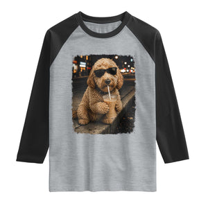 Goldendoodle Drinking Iced Coffee Raglan Shirt Grunge Graphic Funny Dog Lover