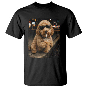 Goldendoodle Drinking Iced Coffee T Shirt Grunge Graphic Funny Dog Lover