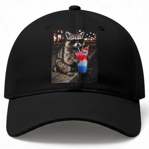 4th Of July Raccoon Drinking Slushie Baseball Cap Patriotic 250 Anniversary USA Trash Panda Funny Meme