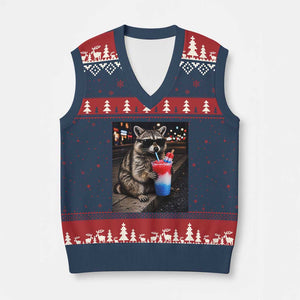 4th Of July Raccoon Drinking Slushie V-Neck Knit Sweater Vest Patriotic 250 Anniversary USA Trash Panda Funny Meme