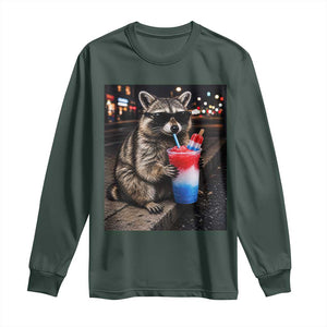 4th Of July Raccoon Drinking Slushie Long Sleeve Shirt Patriotic 250 Anniversary USA Trash Panda Funny Meme TS10 Dark Forest Green Print Your Wear