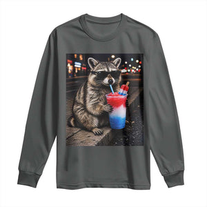 4th Of July Raccoon Drinking Slushie Long Sleeve Shirt Patriotic 250 Anniversary USA Trash Panda Funny Meme TS10 Dark Heather Print Your Wear