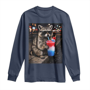 4th Of July Raccoon Drinking Slushie Long Sleeve Shirt Patriotic 250 Anniversary USA Trash Panda Funny Meme TS10 Navy Print Your Wear