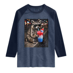 4th Of July Raccoon Drinking Slushie Raglan Shirt Patriotic 250 Anniversary USA Trash Panda Funny Meme