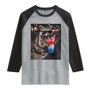 4th Of July Raccoon Drinking Slushie Raglan Shirt Patriotic 250 Anniversary USA Trash Panda Funny Meme
