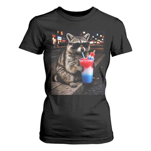 4th Of July Raccoon Drinking Slushie T Shirt For Women Patriotic 250 Anniversary USA Trash Panda Funny Meme