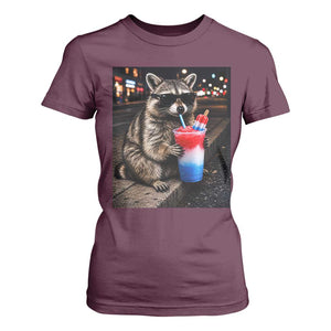 4th Of July Raccoon Drinking Slushie T Shirt For Women Patriotic 250 Anniversary USA Trash Panda Funny Meme