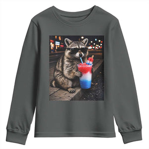 4th Of July Raccoon Drinking Slushie Youth Sweatshirt Patriotic 250 Anniversary USA Trash Panda Funny Meme