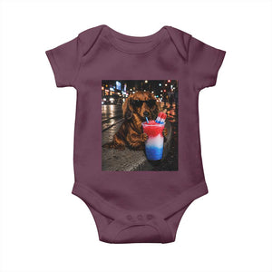 4th Of July Dachshund Drinking Slushie Baby Onesie Patriotic 250 Anniversary USA Dog Lovers Funny Meme