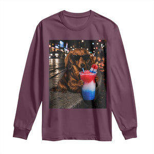 4th Of July Dachshund Drinking Slushie Long Sleeve Shirt Patriotic 250 Anniversary USA Dog Lovers Funny Meme